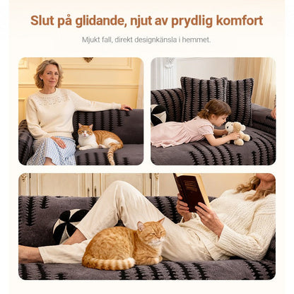 Tre vardagsscener med överdraget på soffan: kvinna med katt, flicka med nalle och kvinna som läser 3