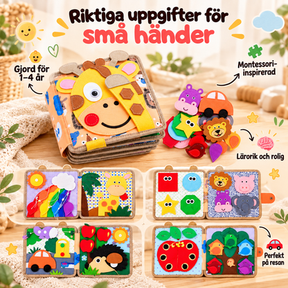 Giraffboken med lösa filtfigurer och fyra uppslag med regnbåge, former, bil och äppelträd; holländsk marknadsföringstext 3