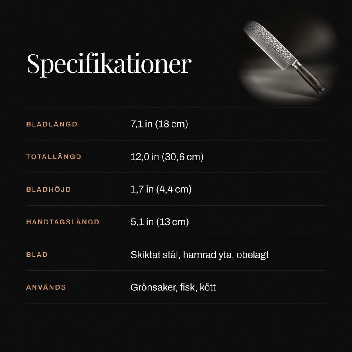 Informationsbild med tabell över knivens mått, bladtyp och användningsområden samt en liten bild av kniven 4