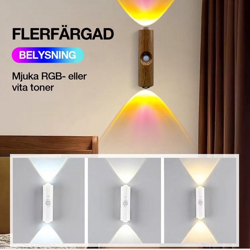 Vägglampa med trämönstrat skal i sovrum med gulrosa ljus, och tre vita lampor i olika ljusfärger 9