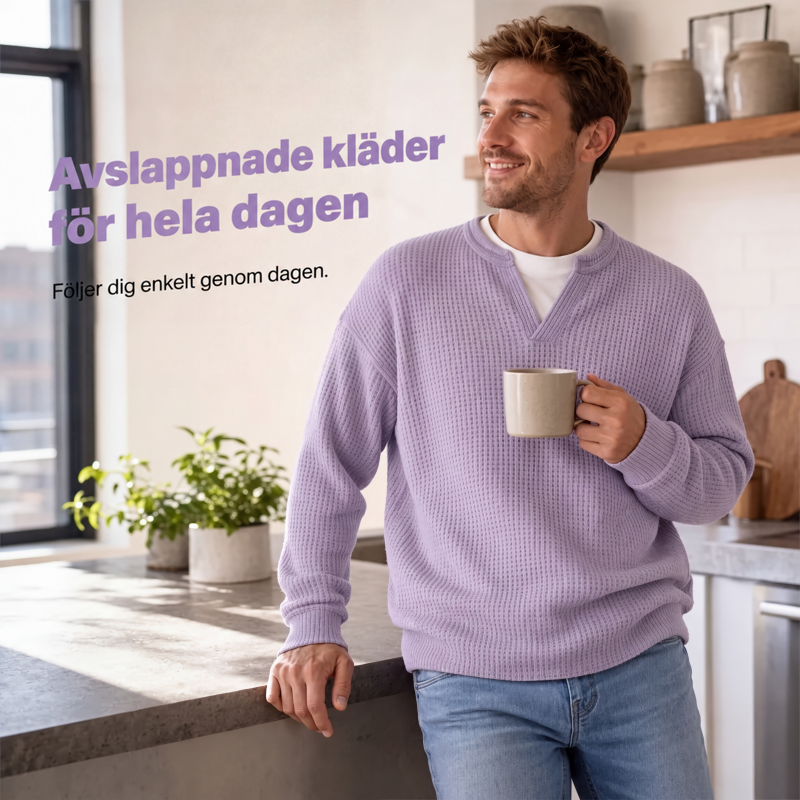 Leende man håller en kaffekopp i ett kök, klädd i lila våffelstickad topp över vitt linne och jeans. 5