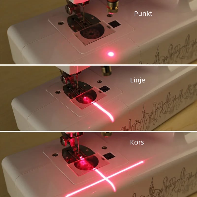 Tre bilder av symaskinens nålplatta med laserstrålen som punkt, som linje och som kors 3
