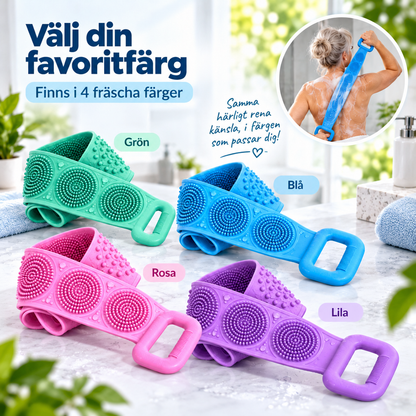 Fyra silikonskrubbar i grönt, blått, rosa och lila på marmorbänk, med kvinna som skrubbar ryggen 8
