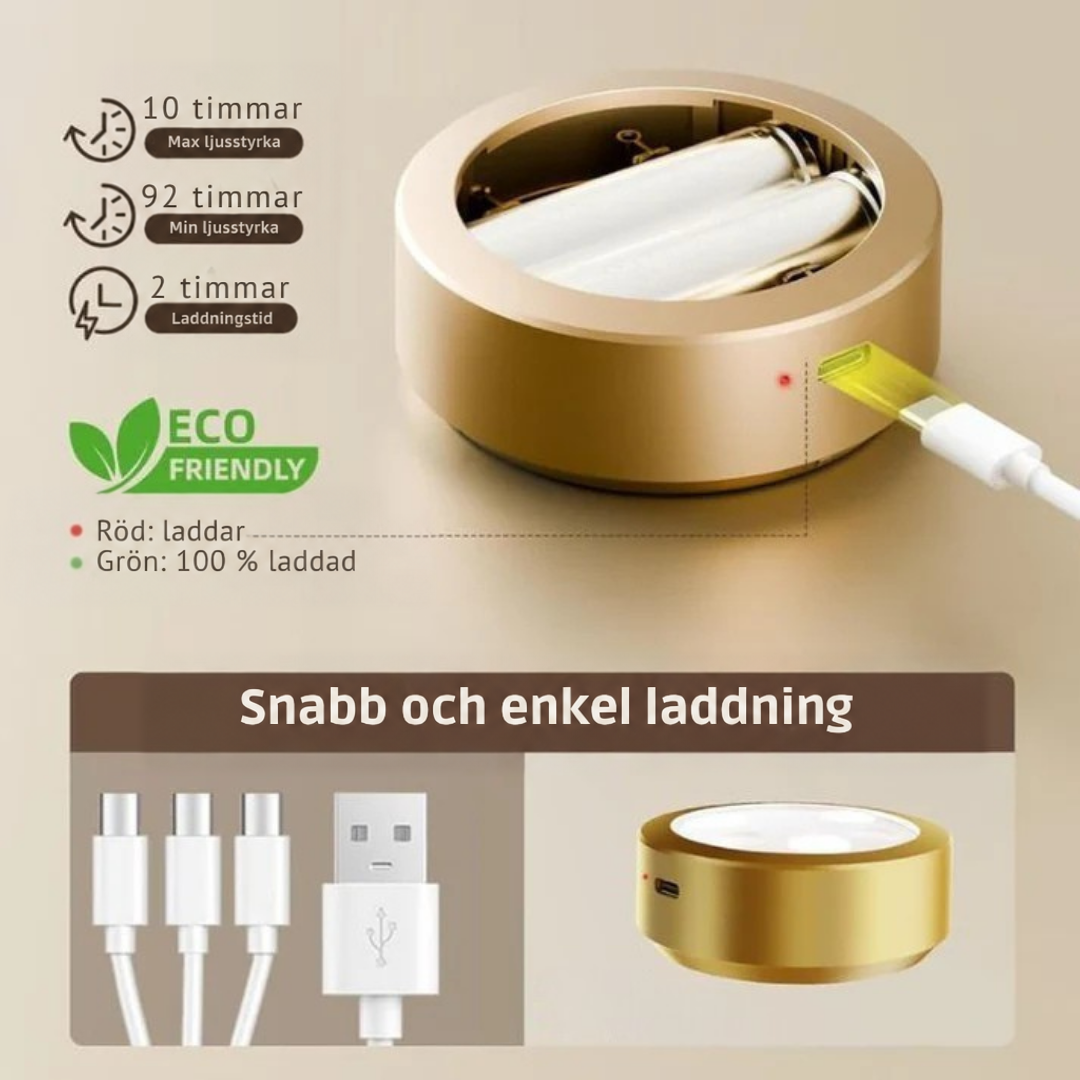 Lampans öppna batterifack med uppladdningsbara batterier och en USB-kabel ansluten, med laddkablar nedanför 3