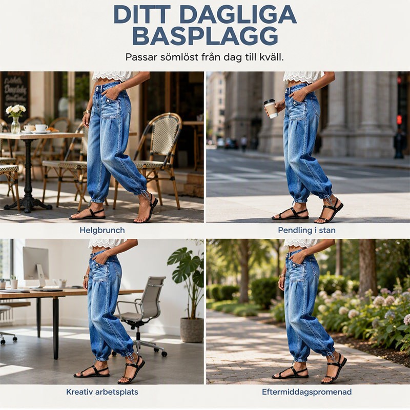 Fyra bilder av samma blå jeans i olika miljöer: café, stadsgata, kontor och parkpromenad. 6