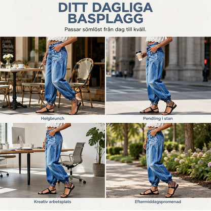 Fyra bilder av samma blå jeans i olika miljöer: café, stadsgata, kontor och parkpromenad. 6