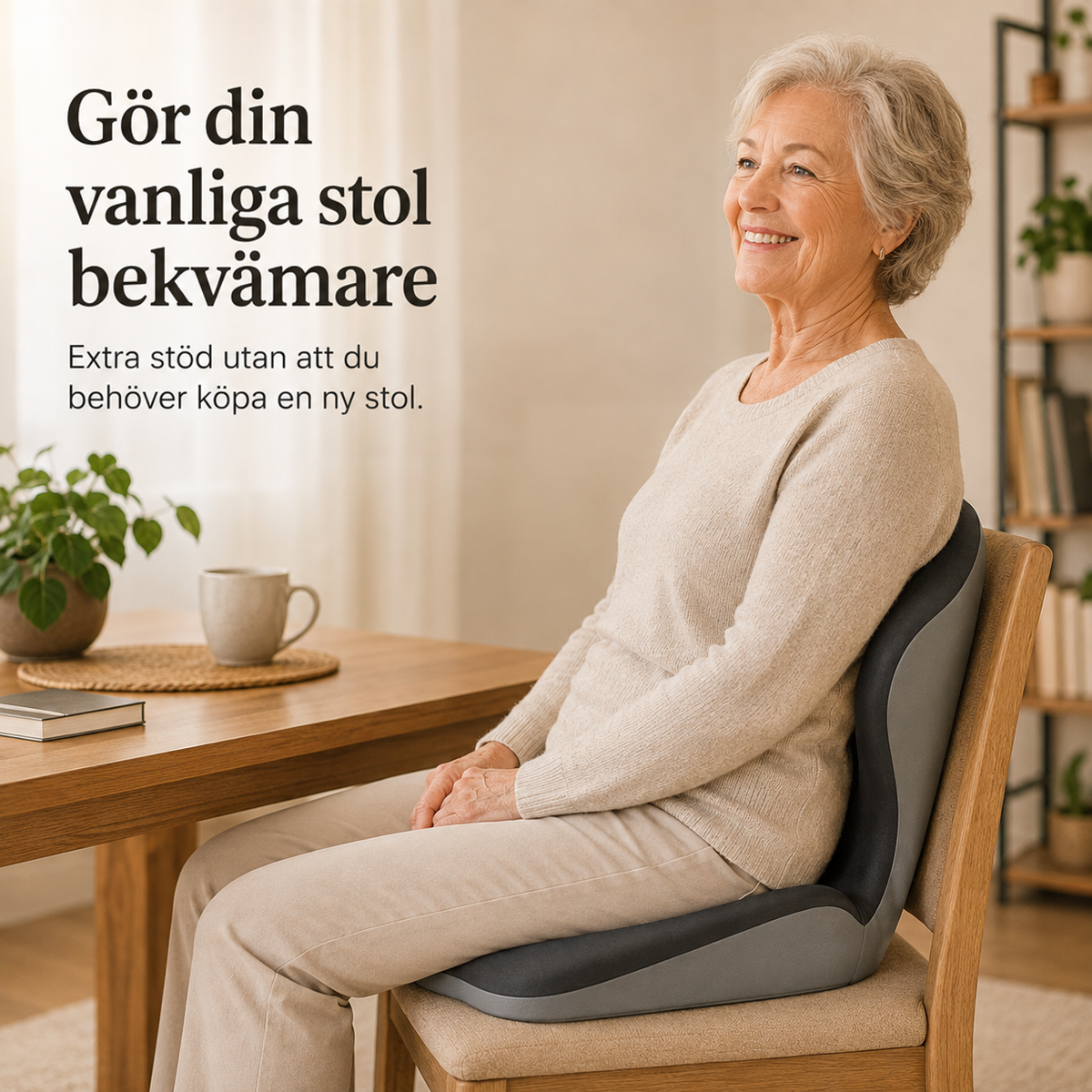 Leende äldre kvinna sitter rakt på en matstol med sittdynan som ryggstöd och sits 4
