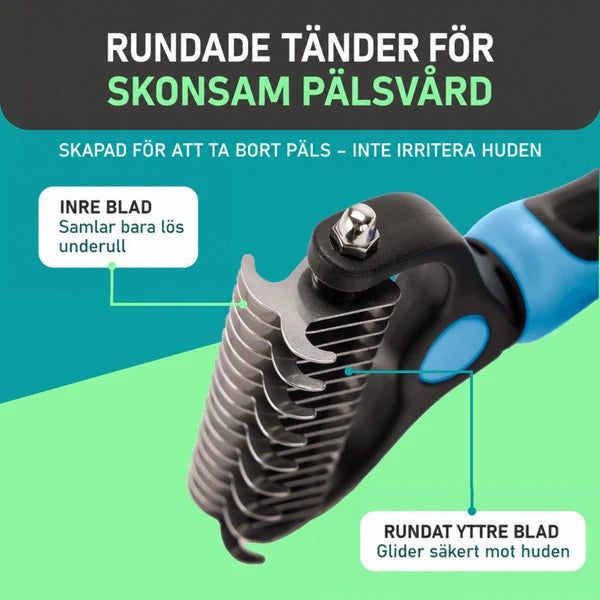 Närbild på rakans rundade tänder i metall med den inre och yttre skärande kanten markerade mot grön och turkos bakgrund. 3