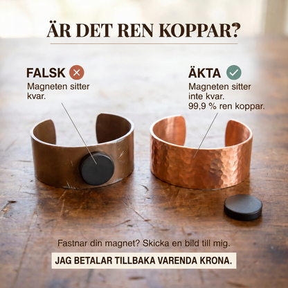 Informationsbild som jämför två koppararmband på ett träbord, där en magnet fastnar på det ena men inte på det andra. 4