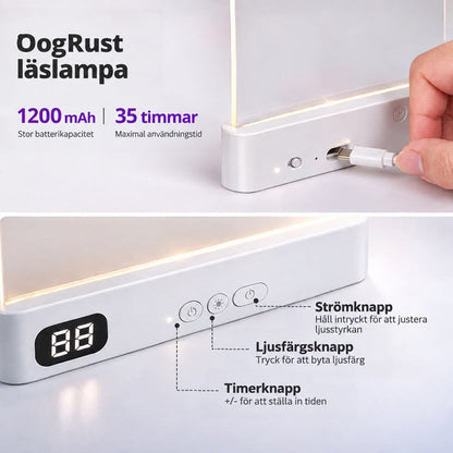 Närbild på lampans sockel med USB-kabel som laddar, display och knappar för timer, ljusfärg och ström 8