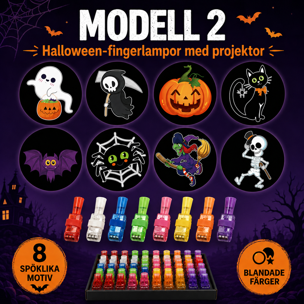 Andra designserien med åtta tecknade motiv som spöke, pumpa, svart katt, spindel och skelett, med färgglada fingerlampor och 3
