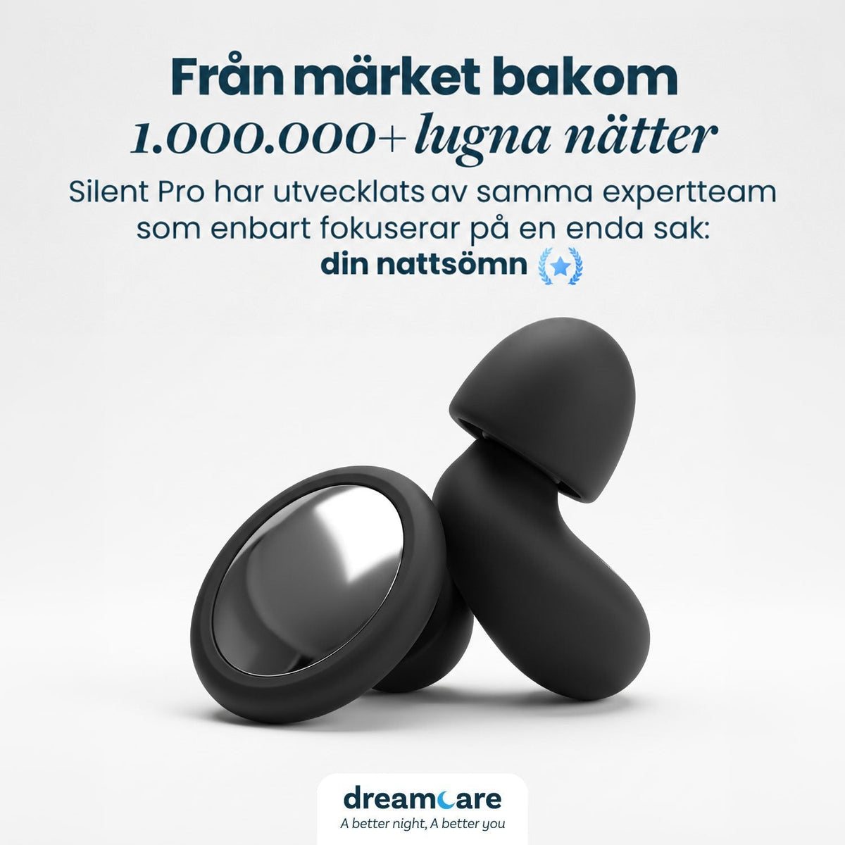 Två svarta öronproppar mot ljus bakgrund, en med spegelblank platta och en sedd från sidan, under en rubrik på tyska. 16
