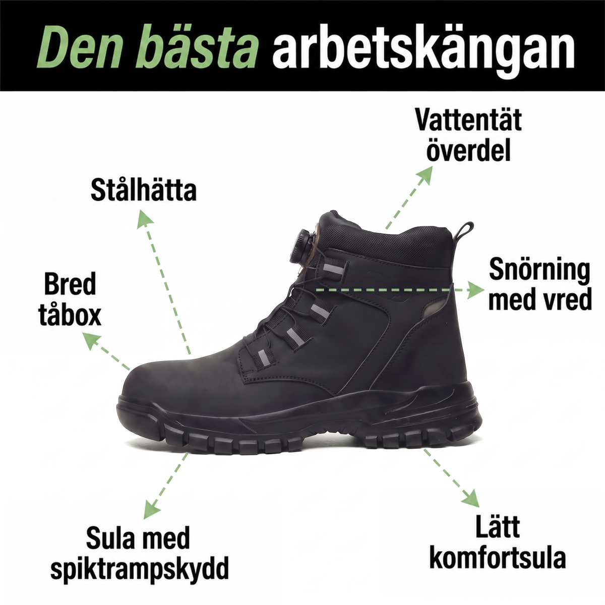 Svart känga i profil med pilar som pekar ut stålhätta, vridlås, sula och tåbox 2