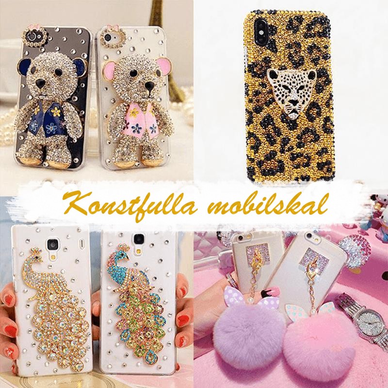 Samma fyra strassdekorerade mobilskal med björnar, leopardmönster, påfåglar och rosa och lila pompoms 10
