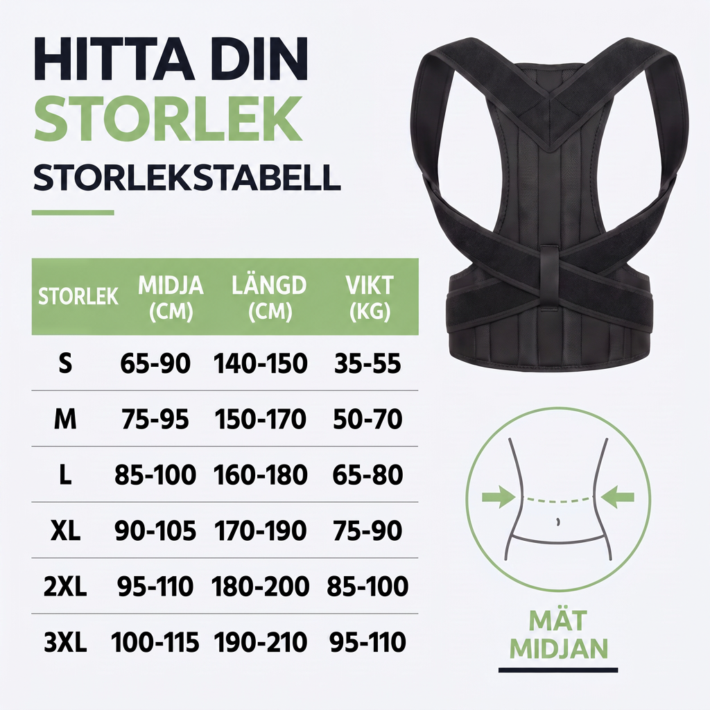 Svart sele med storlekstabell över midja, längd och vikt samt en ikon som visar var midjan mäts. 5
