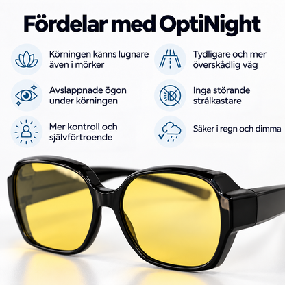 Närbild på glasögon med svart båge och gula glas, omgivna av ikoner som visar fördelar vid nattkörning. 3
