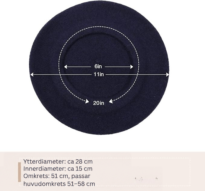Marinblått ullberet sett uppifrån med måttangivelser för ytterdiameter, innerdiameter och omkrets 13