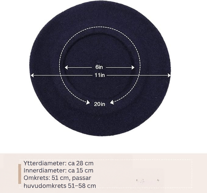 Marinblått ullberet sett uppifrån med måttangivelser för ytterdiameter, innerdiameter och omkrets 13