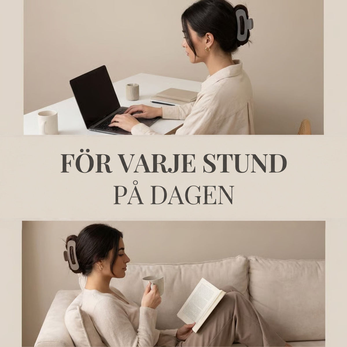 Två bilder av kvinnor med hårklämma, en arbetar vid laptop och en läser på soffan 4