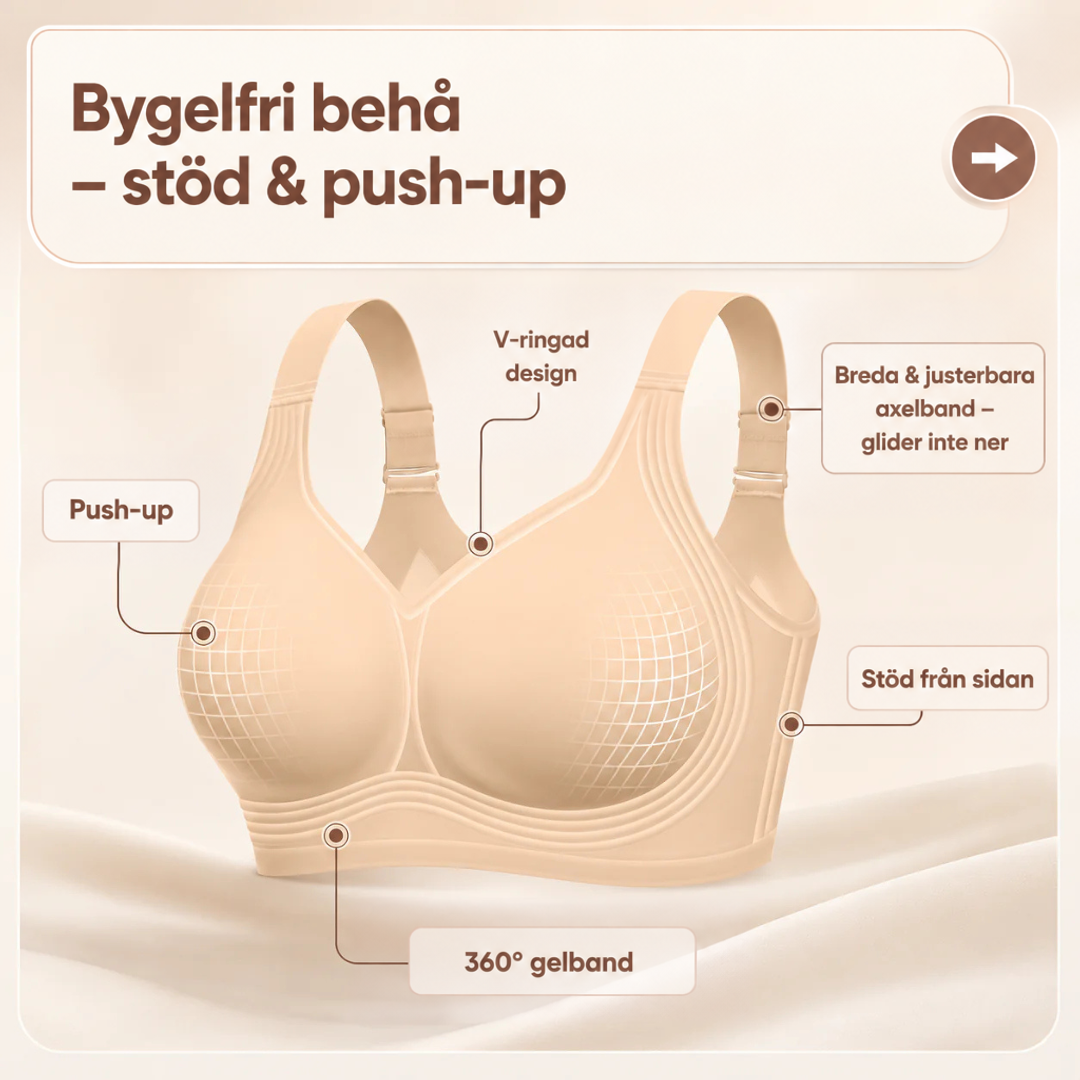 Beige bh fristående mot tyg, med markerade detaljer som V-ringning, breda band och stöd 4