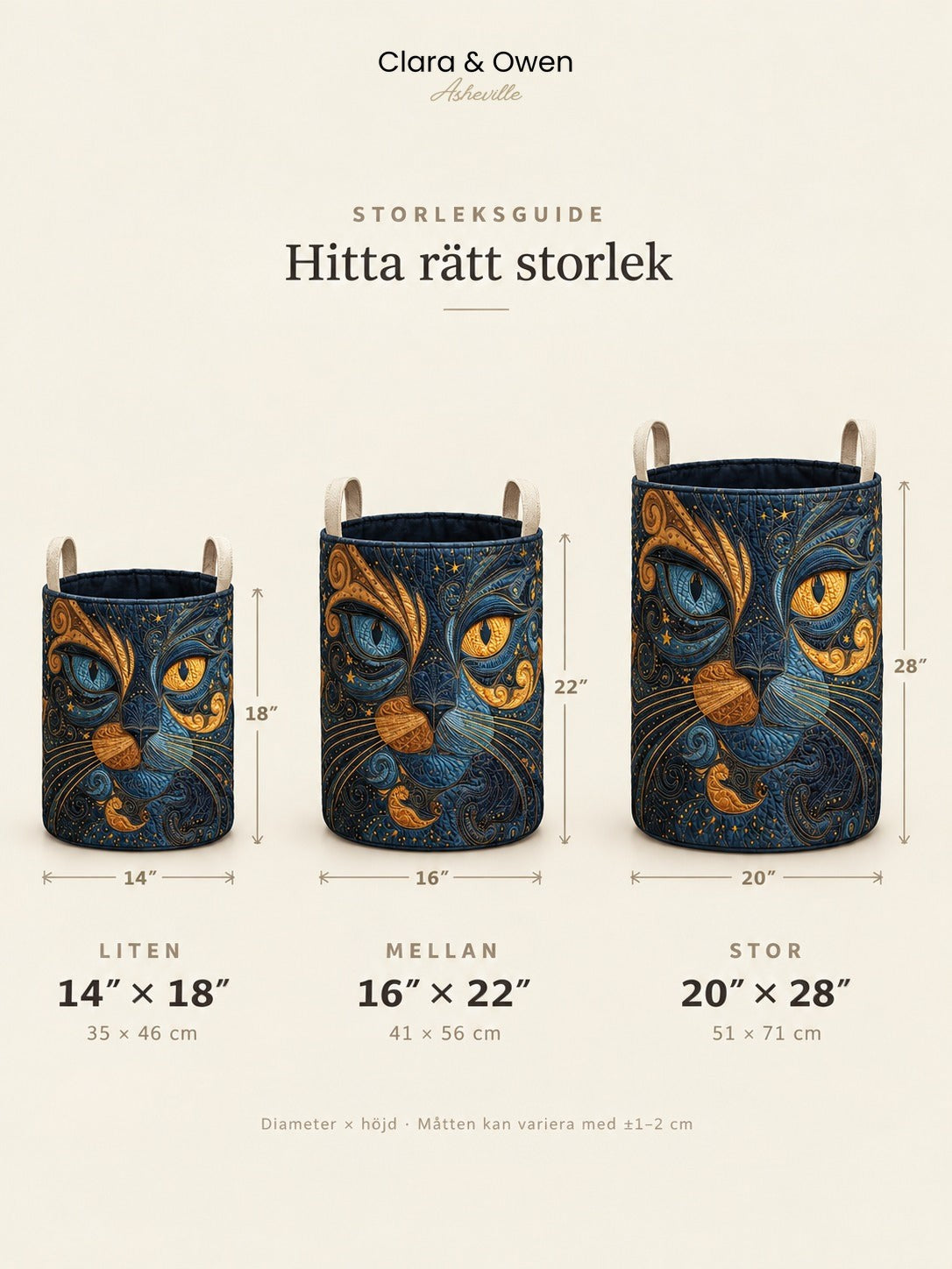 Måttguide som visar korgen i tre storlekar, liten, medel och stor, bredvid varandra med höjd och diameter markerade. 5