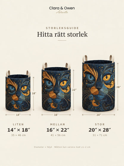 Måttguide som visar korgen i tre storlekar, liten, medel och stor, bredvid varandra med höjd och diameter markerade. 5