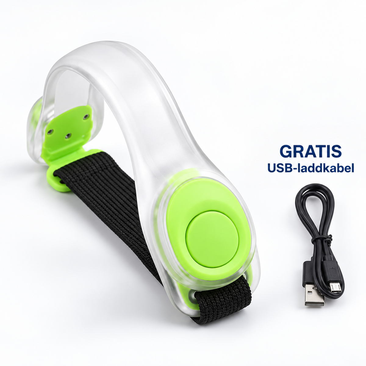 Genomskinligt armband med limegröna detaljer och svart elastiskt band, med USB-laddsladd bredvid 11