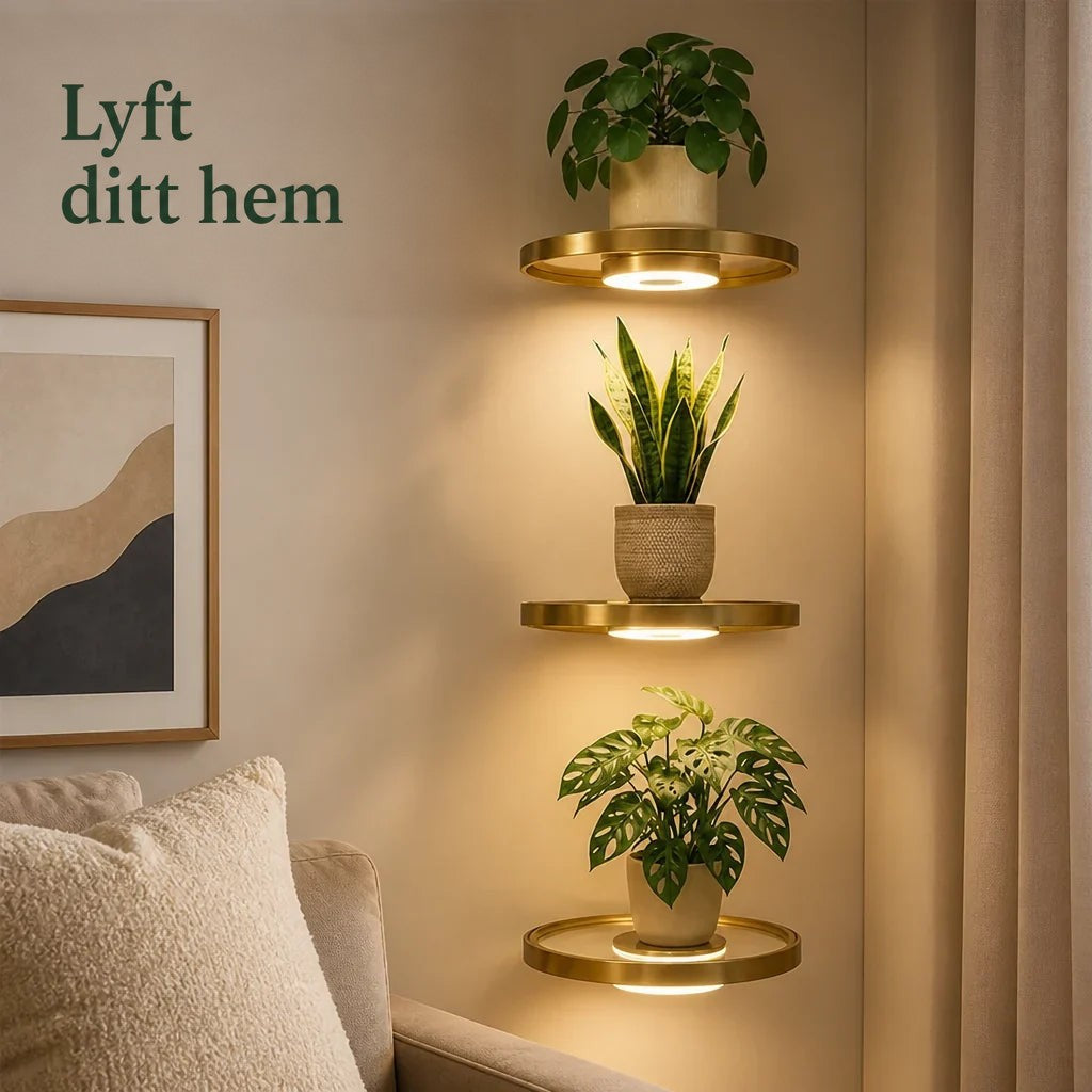 Tre runda guldfärgade vägghyllor med varmt ljus under varje hylla, var och en med en kruka, på en beige vägg ovanför en soffa. 1