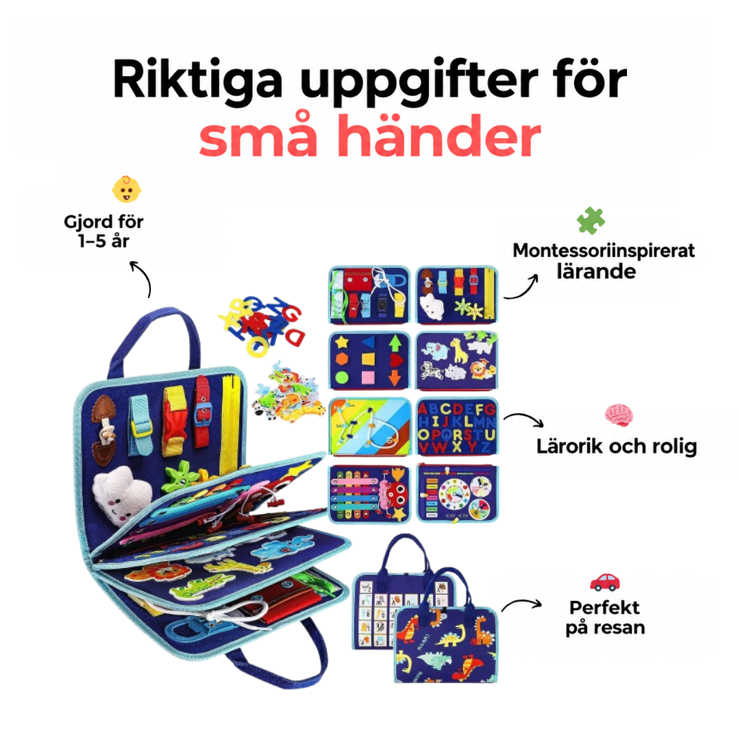 Blå boken uppslagen med alla sidor, plus symboler för ålder, lärande och resevänlig väska 9