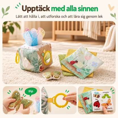 Kuben och tygböckerna på en matta, med närbilder på fjärilen, den gula ringen och tygboken 3