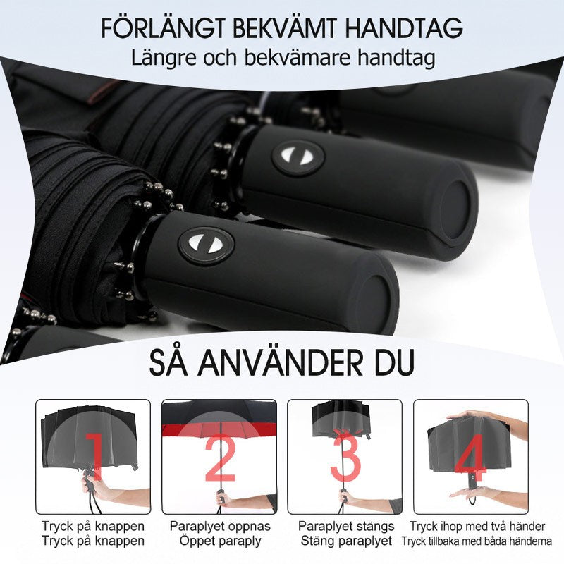 Närbild på flera paraplyhandtag med knapp ovanför fyra steg som visar hur paraplyet öppnas och stängs 8