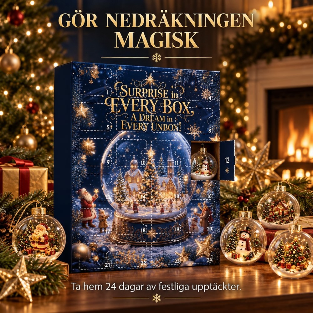 Kalendern med en öppen lucka som visar en snögubbskula, omgiven av julkulor, julgran och brasa 3