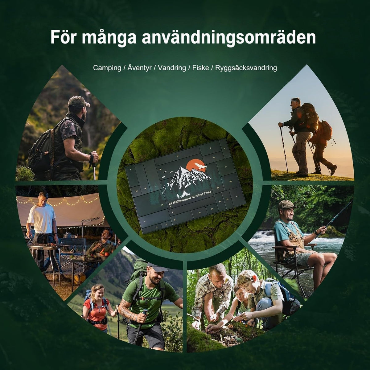 Kalenderlådan i mitten omgiven av bilder på vandring, camping, fiske och uteaktiviteter 6