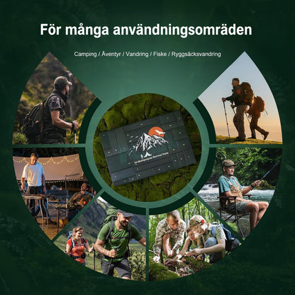 Kalenderlådan i mitten omgiven av bilder på vandring, camping, fiske och uteaktiviteter 6