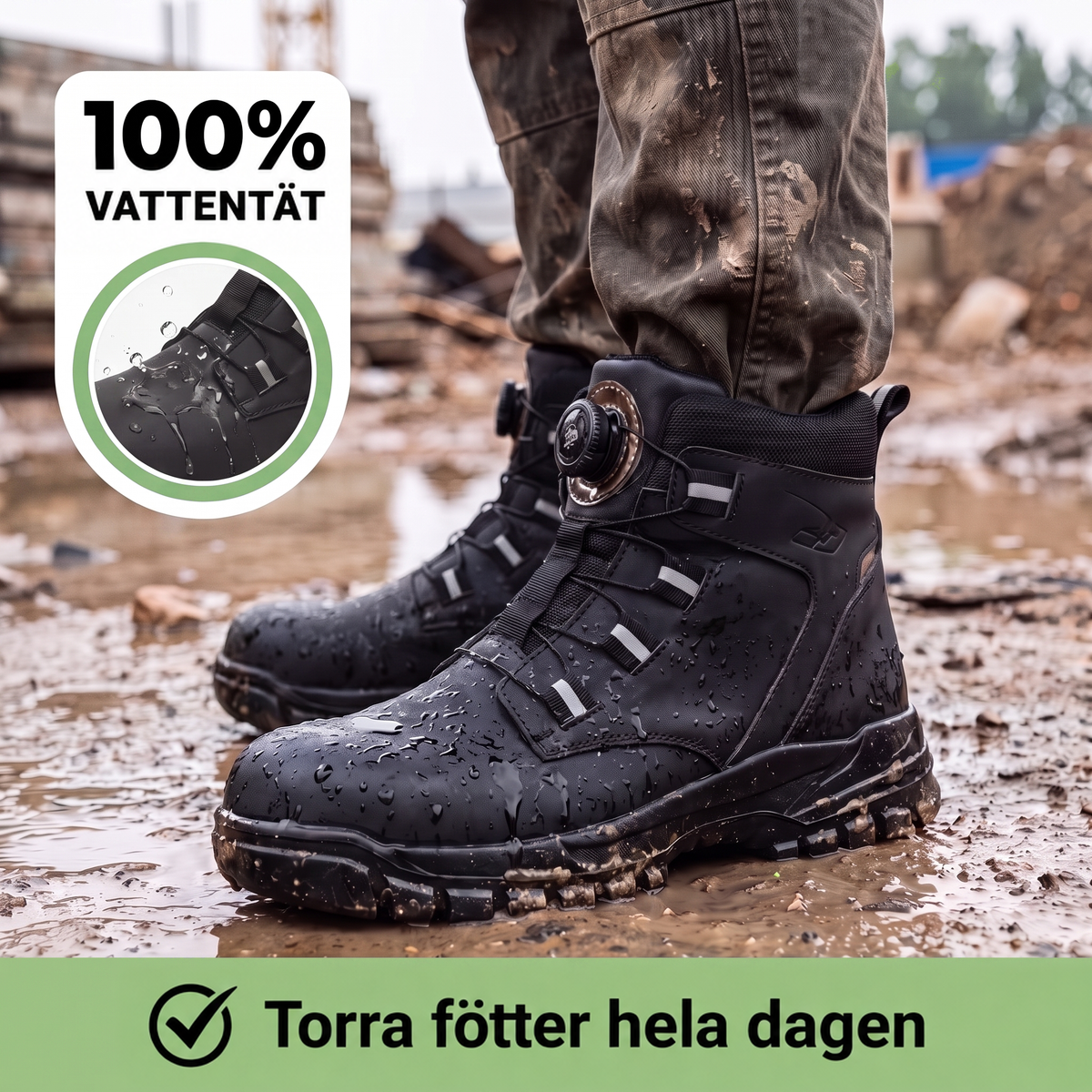 Svart känga med vattendroppar i en lerig pöl på en byggplats, med en detaljbild av stänk 5