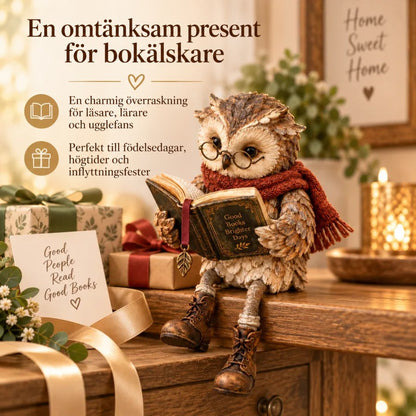Ugglefiguren sitter på ett träbord bland inslagna presenter, band och ett litet kort, som en presentidé för bokälskare. 7