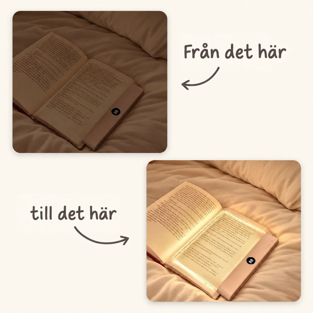 Före och efter: bok i en säng utan och med tänd platt läslampa 3