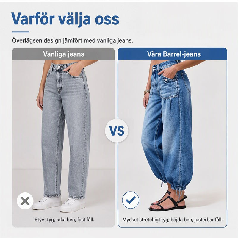 Jämförelse mellan vanliga grå raka jeans till vänster och de blå barrel-jeansen med böjda ben och justerbar fåll till höger. 5