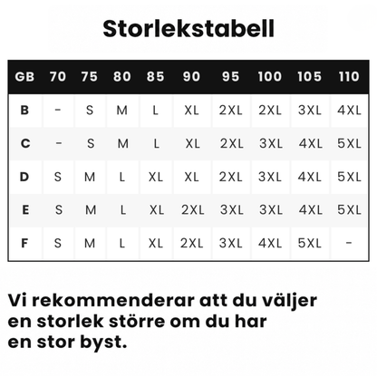 Storlekstabell i svart och vitt som kopplar kupstorlek och bröstomfång till storlek 11