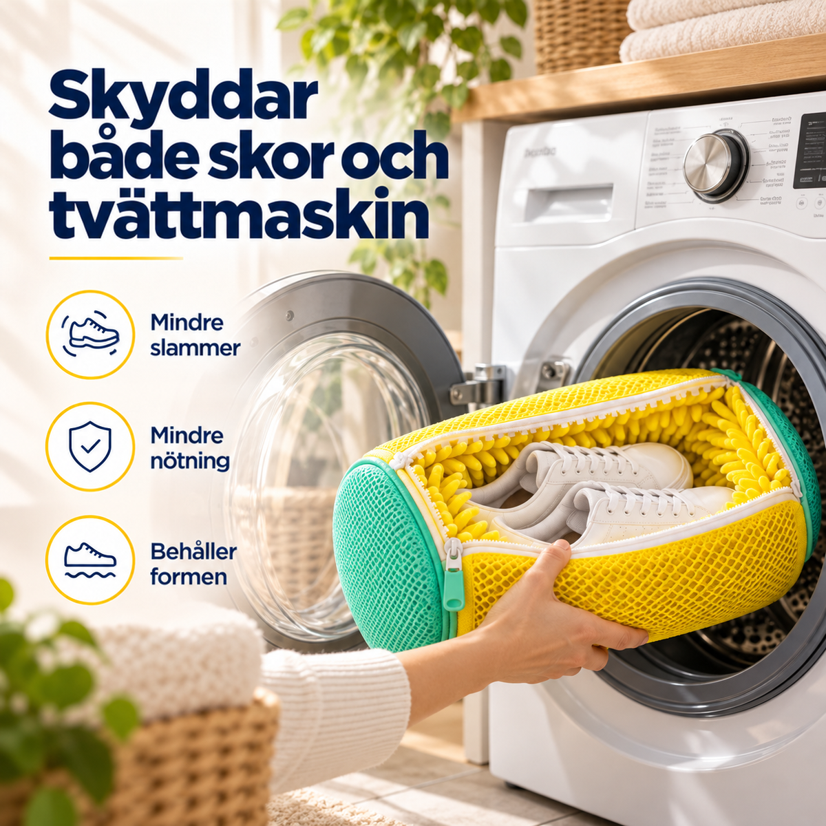 Hand lyfter in den gula skopåsen med sneakers genom luckan på en öppen tvättmaskin 3