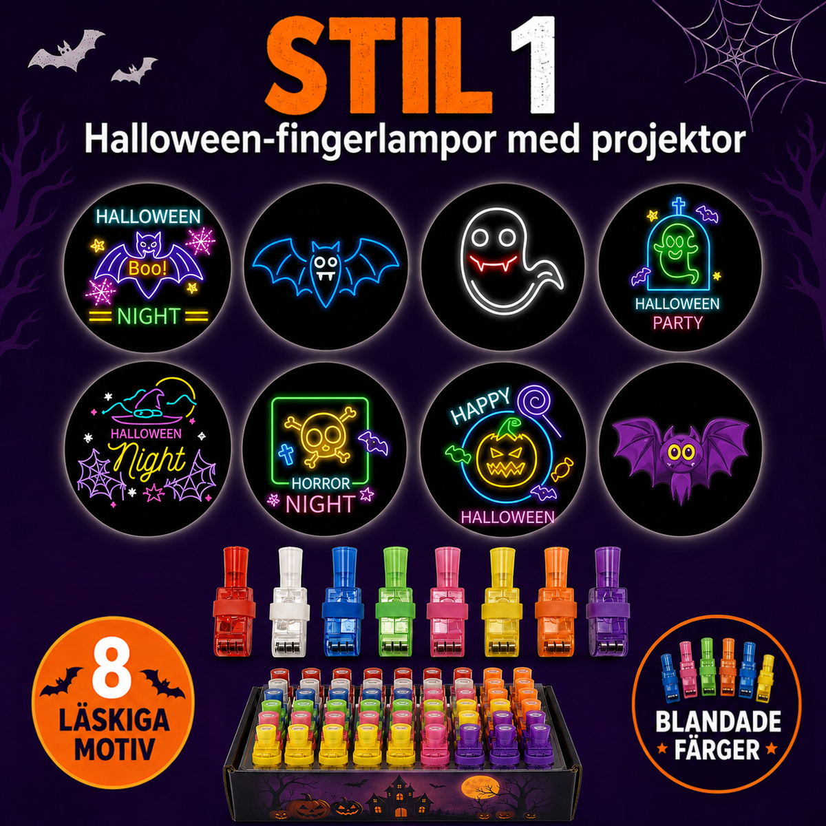 Första designserien med åtta neonstilade Halloweenmotiv i cirklar, åtta färgade fingerlampor och en kartong full av lampor 2