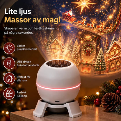 Närbild på projektorn med lysande röd ring, som projicerar tomte, släde och snöiga hus på väggen 4