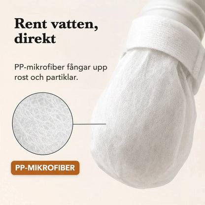 Närbild på ett vitt filter av mikrofiber fäst med band på en kran, med förstoring av fibrernas struktur. 3
