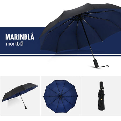 Paraply med svart ovansida och marinblått insidetyg, med mindre bilder av öppen och hopfälld modell 3