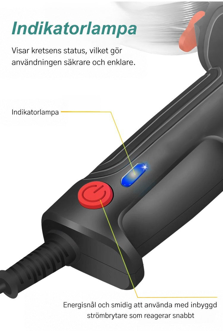 Närbild på handtagets blå indikatorlampa och röda strömbrytare, med sladden synlig nedtill 5