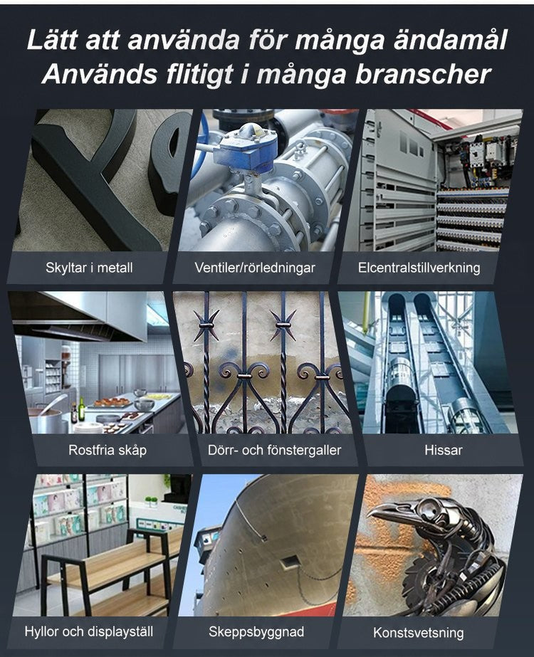 Collage med nio användningsområden, bland annat ventiler, hissar, räcken, skeppsbyggnad och konstsvetsad fågelskulptur 4