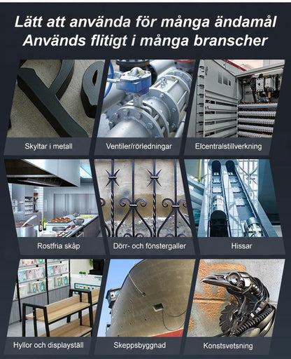 Collage med nio användningsområden, bland annat ventiler, hissar, räcken, skeppsbyggnad och konstsvetsad fågelskulptur 4