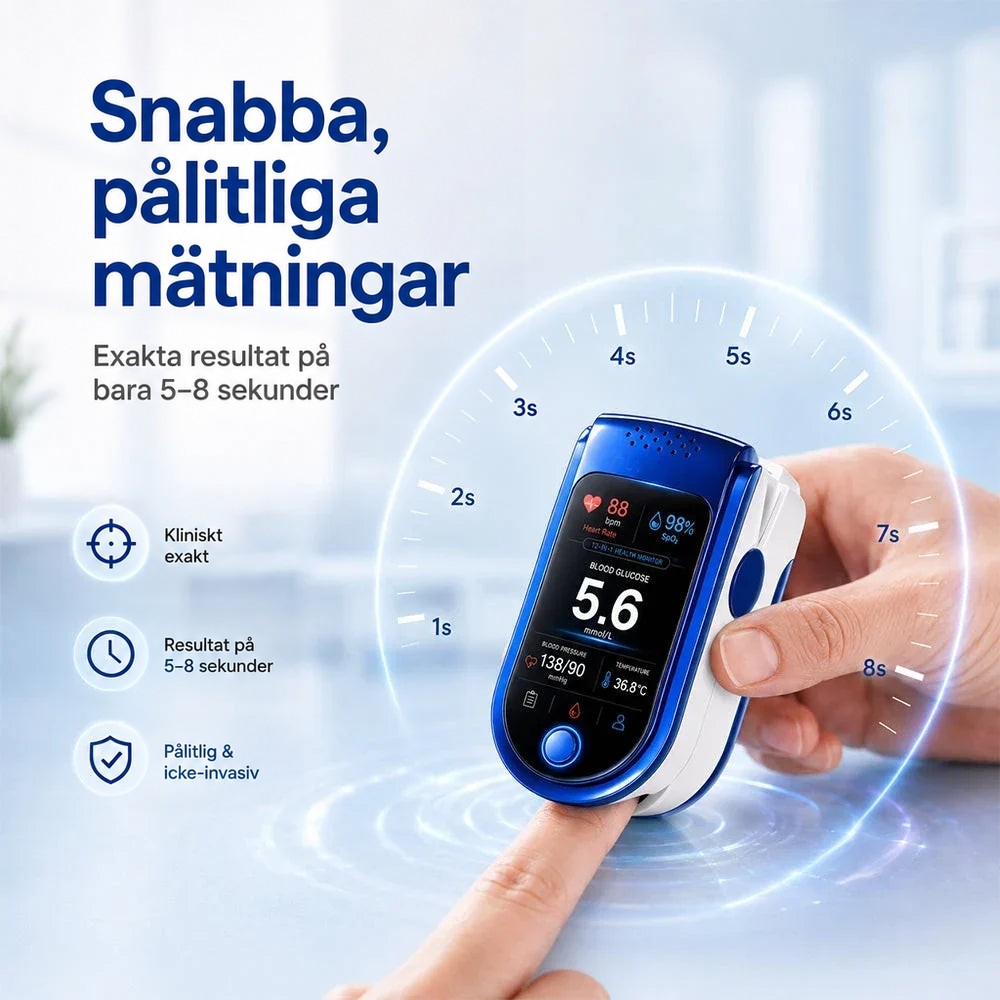 Fingret sticks in i enheten medan en sekundskala runt den visar att mätningen tar några sekunder. 12