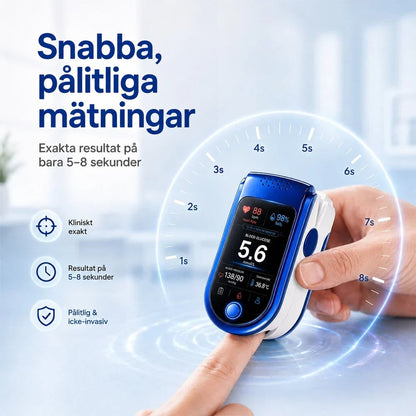 Fingret sticks in i enheten medan en sekundskala runt den visar att mätningen tar några sekunder. 12