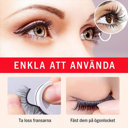 Närbild på ett öga med påsatta fransar och två bilder som visar hur fransarna lossas från hållaren och fästs på ögonlocket. 7